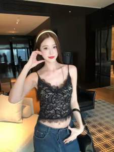 Women French V Neck Lace Camisole Top Built-in Bra Padded Slim Fit Crop TopTank Top Sleeveless Top