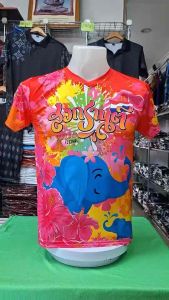 เสื้อยืดสงกรานต์ ลายช้างชบา สีแดง โดดเด่น คมชัด เสื้อกีฬาผ้าไมโครมันเกรดAพรีเมี่ยม ผลิตโรงงานไทย