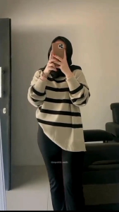 Maudy Sweater Rajut Garis Garis Knit Korean Style Atasan Rajut Wanita