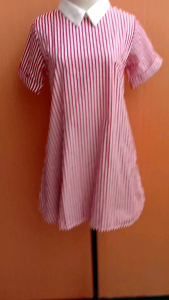 mini dress wanita merah salur putih garis M cewek lengan pendek berkerah santai