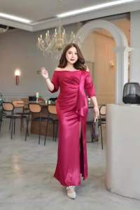 ชุดราตรียาว แขนสามส่วน พรางหุ่น ปิดพุง ผ้าซาติน Satin ชุดเดรสราตรี ปาดไหล่ ชุดออกงาน แม็กซี่เดรส ชุดเพื่อนเจ้าสาว สาวอวบ คนอ้วน plus size