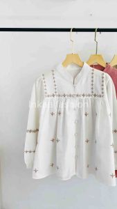 Blouse Bordir Kemeja Wanita Bahan Linen Premium Lengan Panjang Aliyah Top