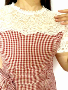 Mini Dress Brokat Kombi Katun Square Dress Remaja Tanggung Kasual Dress Santai Yuraku Zh