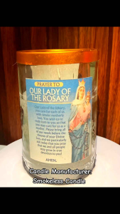 Solo Glass Candle with Prayer to Our Lady of the Rosary Label Orange Lid Religious Devotion Home Decor.