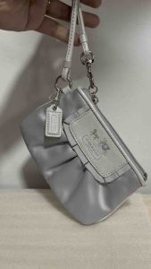 used/preloved authentic vintage satin grey wristlet in classic logo