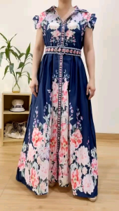 ●ECLAIRE● 003 Dress Maxi Lengan Cap Anggun Pesta Classy Vintage Kondangan Formal Resmi Korea Mode Motif Batik Flower Floral Bunga Import 94470