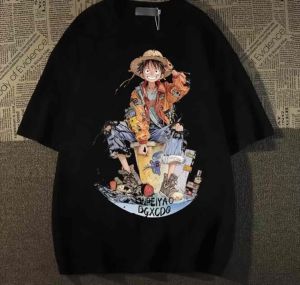 เสื้อยืดแขนสั้นผู้ชาย ลายการ์ตูนวันพีช เสื้อแฟชั่นผช ทรงโอเวอร์ไซส์ 01