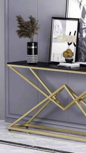 Kệ đứng bàn console trang trí phòng khách cạnh cửa nhà mặt đá chữ nhật với chân kim loại hình tam giác đối BC-32