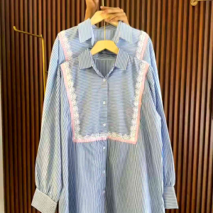 TUNIK SALURIA RENDA PINK kombinasi brukat Premium kemeja tangan panjang motif stripe
