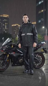 Waterproof Raincoat Rain Pants Set for Men Reflective Motorcycle Hooded Outdoor Rain Gear Black