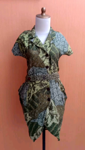 mini dress wanita hijau motif batik BLARAK cewek S M lengan pendek vneck kerja kuliah