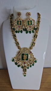 Antique-finished Goddess Green Necklace Set with Intricate Design and Green Stones