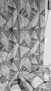 RJO TRI ABS CANADIAN COTTON BED SHEET geometric patterned bedding set with matching curtains in blue beige and gray tones