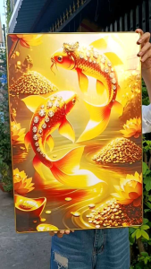 Tranh tráng gương Cá Chép Hoa Sen tranh gỗ phong thủy bo viền vàng nhiều kích thước