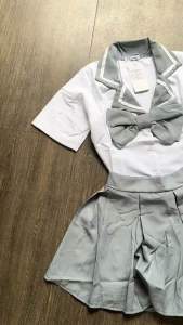 Set Bộ Áo Sơ Mi Tay Ngắn Cổ Vest Viền Nơ Lớn Croptop + Chân Váy  Kate Dày Xếp Ly To Có Lót Quần