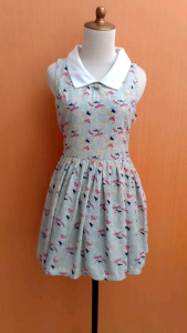 mini dress wanita biru muda pastel M cewek motif burung berkerah cute remaja dewasa