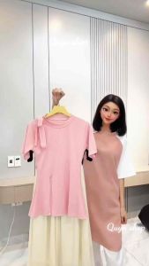Set Đầm Tiểu Thư 2 Món Gồm Áo Thun Tăm Nơ Cổ Xẻ Tà + Chân Váy Dáng Dài Sang Chảnh QUYN.048