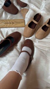 รองเท้าMARRYJANE คัชชูเปิดส้น รองเท้าคัชชูหนังกลับสีนํ้าตาล