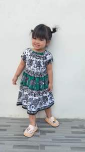 Oxy shop🔺(พร้อมส่ง🔥)ชุดเดรสเด็กผู้หญิงแขนตุ๊กตาลายช้าง ผ้าสปัน ผ้านิ่ม เบาสวมใส่สบาย