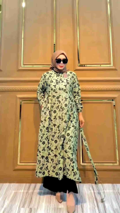 Setelan Long Tunik Polo Linen Print Celana Kulot Crinkle / Oneset Muslimah