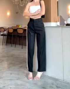 กางเกงขายาว เอวสูง ใส่ทำงาน ทรงกระบอกกลาง A2 ผ้า Zahara