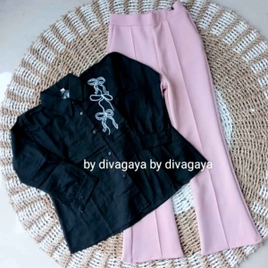 Setelan Anak Perempuan Nayla Atasan Blouse Katun Linen Celana Cutbray Scuba Panjang Fashion Kekinian