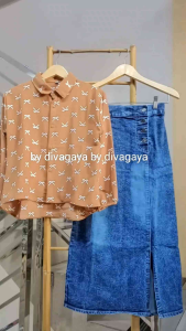 Setelan Anak Perempuan Margin Atasan Blouse Motif Pita Rok Span Jeans Kancing Fashion Kekinian