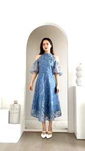 Dress Yvony Brukat Tulle Mutiara Premium Sabrina Dress Babol Off Shoulder Gaun Pesta Satin Mewah