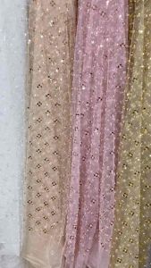 ลูกไม้ปักมุกและเลื่อมลายตาราง Lace fabric with beads and sequins