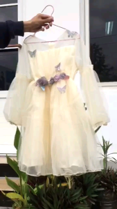 Dress Pesta Anak Remaja Putih Pink Bordir Kupu Bunga 3D Gaun Mewah Tule Import