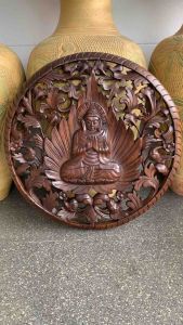 ไม้แกะสลัก แผ่นไม้สัก แผ่นไม้ติดผนัง รูปพระพุทธเจ้า ทำสี เคลือบสี ไม้แกะสลักสวยๆ ไม้แกะสลักมงคล ไม้สักแผ่น ไม้สักทอง แผ่นไม้แกะสลัก 60x60x3cm ฉลุลาย