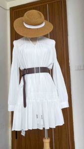 Váy tơ hai lớp cao cấp dáng ngắn dài váy nữ dáng suông dài tay kèm đai váy babydoll xếp ly cổ chữ V Rayin