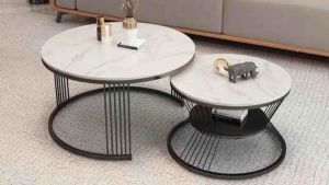 Bàn trà đôi Sofa phòng khách mặt đá tròn chân kim loại sơn tĩnh điện 6 nan sang trọng hiện đại (bàn nhỏ có ngăn)