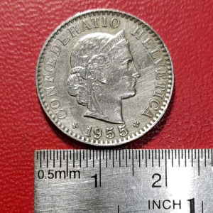 Koin Swiss kuno Koleksi klasik 20 Rappen Tahun 1955 BEKAS