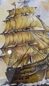 ภาพวาดเรือสำเภา ภาพวาดมงคลเสริมโชคลาภ ภาพวาดสีน้ำ ขนาดA3/29.7x42 cm พร้อมกรอบกระจก แขวนได้ตั้งได้ สวยงามแข็งแรง