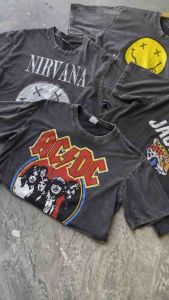 เสื้อครอปโอเวอร์ไซส์แขนล้ำคอกลมงานฟอกลายเสื้อจากัวร์