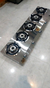 Bếp gas 5 lò dài cao cấp 《 loại 1 》 đầu đốt 304  2 vòng lửa inox inox khay dày khung inox dập CNC