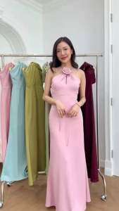 ชุดเดรส ชุดออกงาน ชุดราตรี FP040 เกรดพรีเมี่ยม คอไขว้ แถมดอกไม้