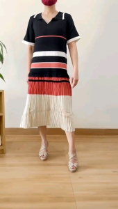 ECLAIRE 003 Dress Kem Midi Rajut Knit Salur Bergaris Stripe Garis Kasual Casual Korea Import Dxilx