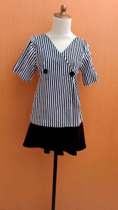 atasan wanita salur biru navy putih SALE STOCK cewek M blouse santai vneck lengan pendek