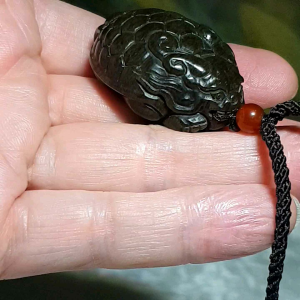Premium Nephrite solid deep caramel brown hand carved  Dragon-Tortoise Jade pendant/handheld (with certificate) 和田玉且末棕糖全手工雕刻龙龟吊坠/手把(带证书)