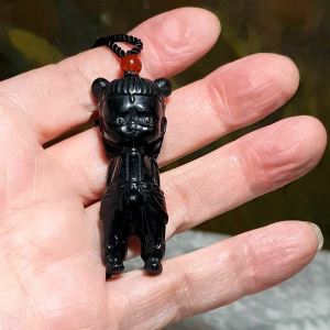 Premium Nephrite Qinghua "ink black" hand carved 3 dimensional Nezha Jade pendant (with certificate) [Natural Crystal] 优质和田玉聚墨青花手工立体雕刻哪吒吊坠(带证书)