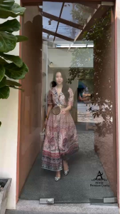 เดรสสีน้ำตาลสวยละมุน!!! S-L Maxi Dress เดรสสีน้ำตาลแขนสั้นกระดุมหน้าพิมพ์ลายสวยหรู+เข็มขัด งานป้าย Abigail