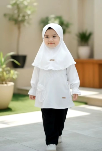 stelan busana muslim hitam putih anak perempuan Paud TK Madrasah usia 3-11tahun