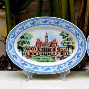 Đĩa sứ oval Minh Long in tranh vẽ tay danh lam thắng cảnh lưu niệm Việt Nam