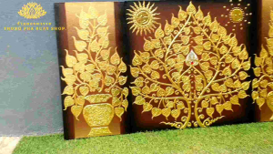 รูปต้นโพธิ์ทองชุดมงคล พื้นสีน้ำตาล 1ชุด3ชิ้น รูปติดผนังเสริมดวงฮวงจุ้ย ภาพแขวนกรอบลอย รูปติดหิ้งพระ