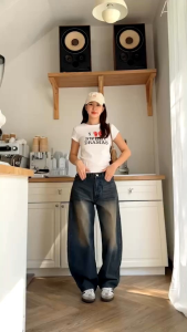 💰กางเกงยีนส์ ขากระบอกทรง.Barrel ผ้ายีนส์ไม่ยืด สีสนิมเข้ม Size S M L XL 2XL 3XL