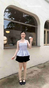 AimornShopp เสื้อคล้องคอ ผูกโบว์หลังลายจุดแต่งปลายระบาย น่ารักมาก เนื้อผ้าดี ทรงสวยสุดๆ