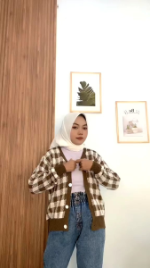 Cardigan Rajut Motif Kotak Crop Oversize Tebal Super Premium