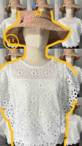 เสื้อลูกไม้ฉลุทั้งตัว แขนระบาย สีขาว 40-42 นิ้ว ผ้านิ่ม อก สบาย ใส่ลายน่ารัก